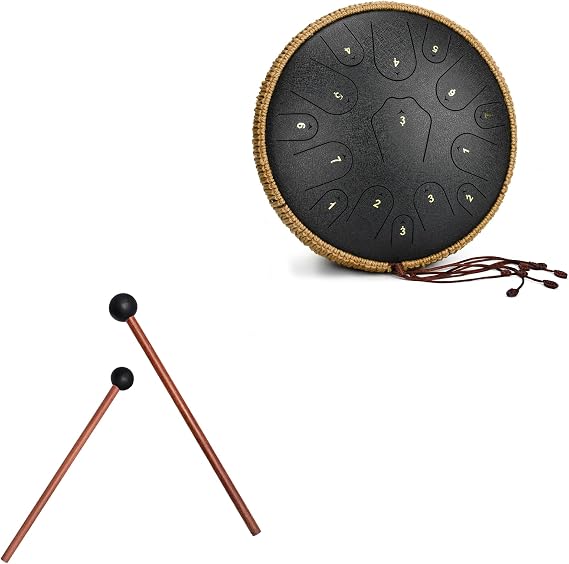 Steel Tongue Drum -14 Inch 15 Notes Tongue Drums, Handpan Drums, Steel Drum Instrument for Adults, Rubber Xylophone Mallet Percussion with Wood Handle, Bell Mallets Glockenspiel Sticks