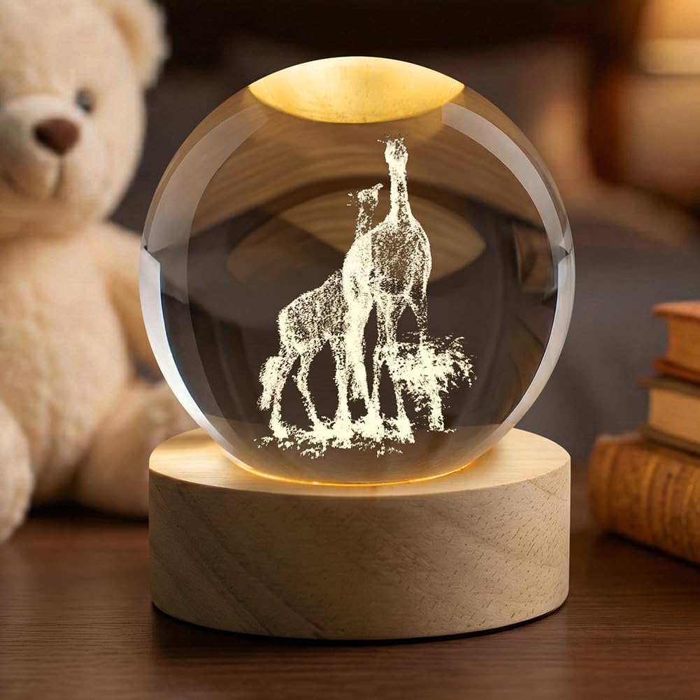 Giraffe Crystal Ball, 3D Crystal Ball, Decor Glass Ball Wooden Base with Light, USB Interface with Power Switch, Crystal Ball Ornaments for Home Decor, Tabletop, Birthday Gift, Anniversary