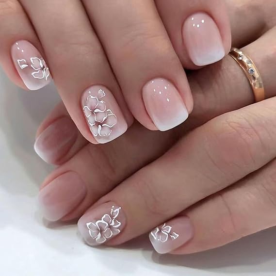 24PCS Short Square Press-On Nails – Ombre Pink French Tips with 3D Silver Floral Design, Natural Fit Acrylic False Nails in 12 Sizes, Premium ABS, Includes Accessory Tool