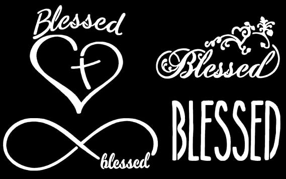 Blessed Decals 4 Pack: Blessed Heart Cross, Blessed Infinity, Blessed Text (Small ~3.5", White)