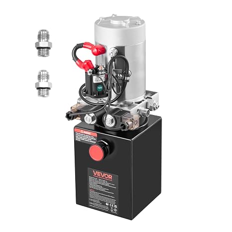 VEVOR 4 Quart Hydraulic Power Unit, Double Acting Dump Trailer Pump, 3200 PSI Max Relief Pressure & 0.91 GPM Flow Rate, DC 12V Hydraulic Pump with Metal Reservoir for Dump Trailer Car Lifting, Black