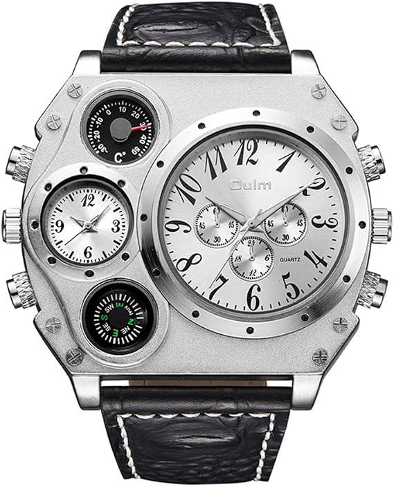 Oulm Analog White Metal Bezel Four Black Sub-dials Men Watch, White