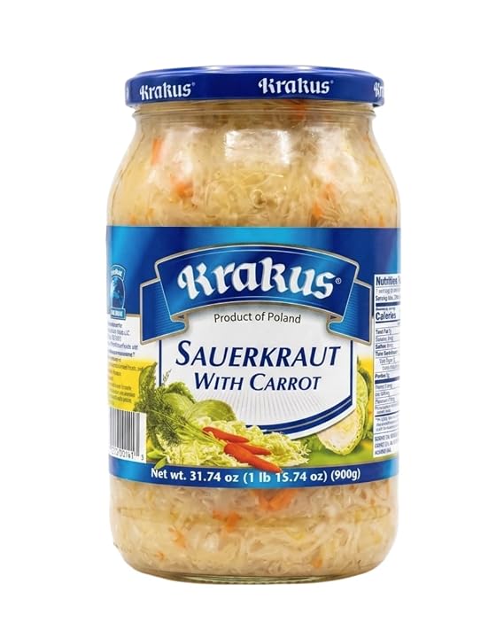 KRAKUS SAUERKRAUT WITH CARROT 31.74oz (900G). Product of Poland. kapusta kwaszona z marchewka.