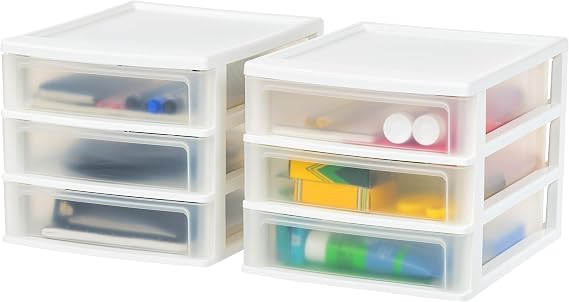 IRIS USA Medium 3-Drawer Desktop Organizer with Open Tray Top, 2 Pack, Plastic Drawer Storage Container for Stationery Art Craft Supplies, White