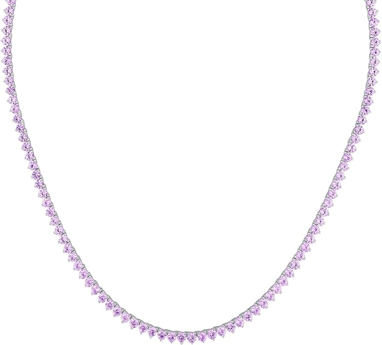 Created Pink Sapphire Sterling Silver Tennis Necklace