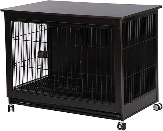 Furniture Dog Crate, Corner Dog Cage with Storage & Pulley, Dog Kennel Wooden Furniture Style Dog Cable with Removable Tray, Bite Resistant Kennel, Indoor Use, For Pets Under 25 Lbs Black
