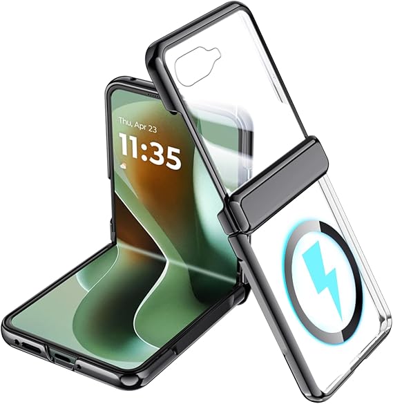 for Motorola Razr 2025 Case/Razr 2024 Magnetic Case, [Wireless Charging] Crystal Clear Phone Case with Rear Screen Protector Hinge Protection Protective Cover for Moto Razr 2025/2024 Black