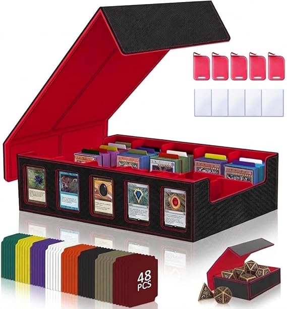 Trading Card Storage Box MTG Deck Box TCG Card Case 5-Row Card Storage Box for Graded Card Storage, Fits 3900+ Cards 5 Toploaders 5 Stoppers 48 Dividers 1 Dice Tray (5-Row, Red)