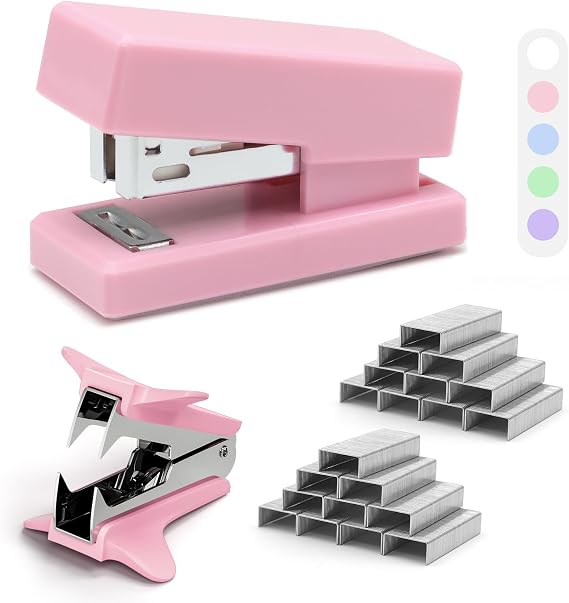 Pink Mini Stapler with Staples, Portable Office Supplies Set with Small Stapler, Staple Remover and 2,000 Staples, Cute Mini Stapler for Desk, School, Office & Home Desk Essentials