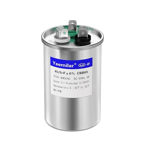 45+5 uF 45/5 MFD 6% 370V/440V CBB65 AC Capacitor, Dual Run Round Capacitor Replacement for HVAC Motor Start, Fan Start, Heat Pump, Condenser Straight Cool
