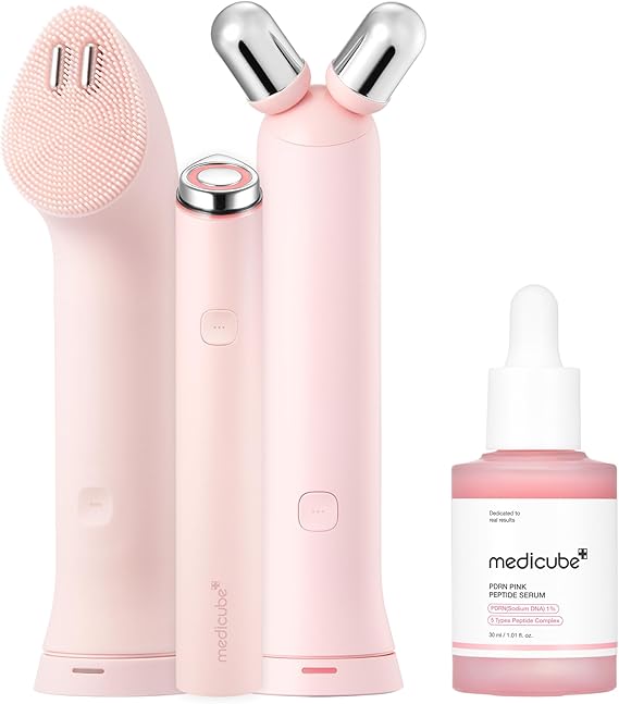 medicube Cleanse, Contour & Plump Set: Mini Booster Pro Plus Full Facial Device Set (Pink) and Salmon DNA PDRN Pink Peptide Serum