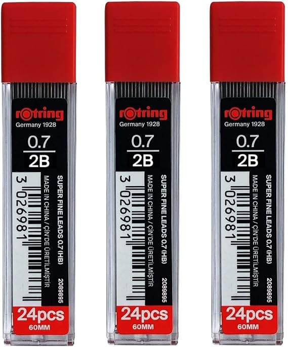 rOtring 0,7 mm 2B Süper Polimer Kalem Kurşun - 3'lü Paket - Toplam 72 Kurşun - Mekanik Kurşun Kalemler için Yedekler