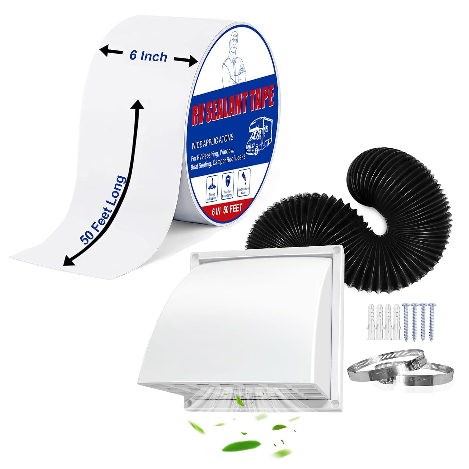 RV Roof Sealant Tape, 6 Inch x 50 Feet RV Repair Tape White Waterproof Seal Tapem4In8Ft Dryer Vent Hose with Cover and 2 Clamps