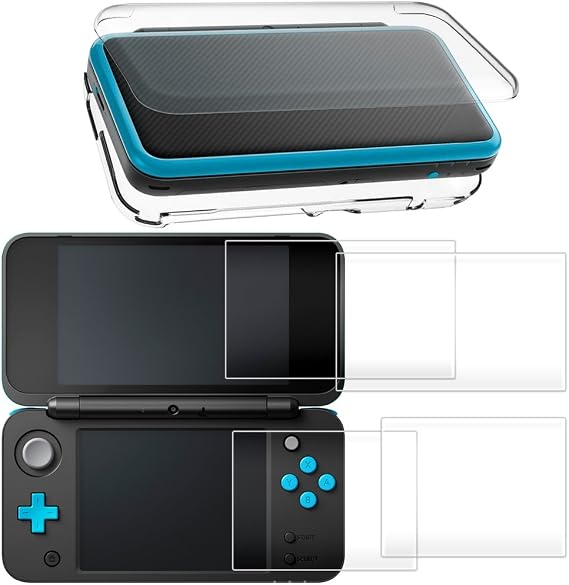 Hard Case Compatible New 2DS XL with 2 Packs Screen Protector, AFUNTA Anti-Scratch Crystal Clear Case, with 4 Pcs Tempered Glass Protective Films for Top and Bottom Screen