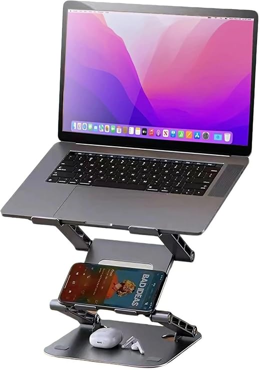 Adjustable Laptop Stand with 360,3-Tier Ergonimic Foldable Sitting/Standing Laptop Riser for Desk Compatible Rotating Base