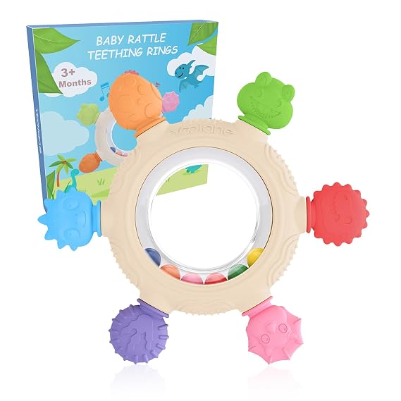 Yoolane Baby Teething Toys, Silicone Teether for Babies 3 6 12 18 Months, Dinosaur Baby Teething Ring Rattle Teether Sensory Chew Toys for Toddler Infant, Newborn Stuff Essential Gift, BPA Free