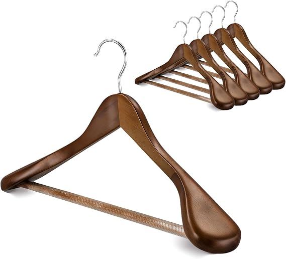 Premium Wooden Hangers 6-Pack Wide Shoulder Non-Slip & Shatter-Resistant Design for Coats, Jackets & Suits | 360 Rotating Closet Organizers | Durable & Space-Saving (Vintage Wood)