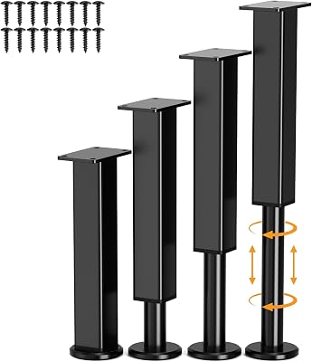 4 Pcs Adjustable Metal Furniture Legs, 10-18 inch, Heavy Duty Replacement Couch Legs with Rubber Non-Slip Base, Bed Support Feet Risers for SofaTableCouchDresserCabinetBed Frame Slats