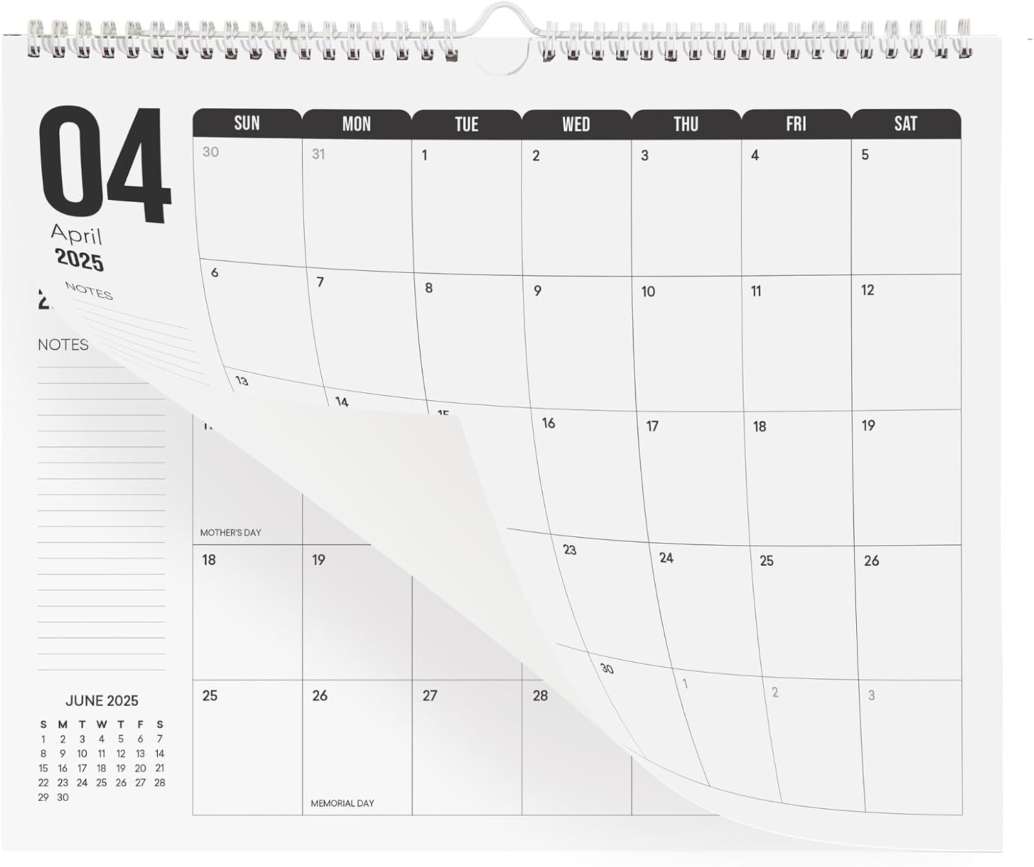 Makaplan Black & White Horizontal Coil Wall Calendar 2025-18 Month Calendar January 2025 to June 2026, 11x13.5 Inches Sleek Black & White Design with Spiral Twin-Wire Binding