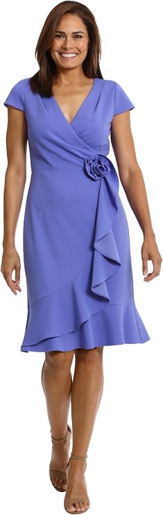 London Times Women's Dresses Feminine Ageless Surplice V-Neck Faux Wrap Ruffle Dress Office Event Shower Guest of