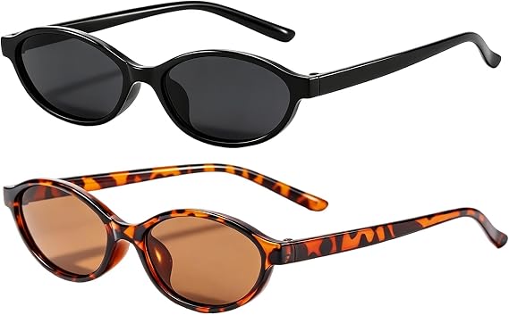 Oval Sunglasses Womens, Classic Black Frame with Grey Lenses and Leopard Print Frame with Brown Lenses, Two Pairs of Small Frame Oval Sunglasses for Everyday Wear and Fashionable Outfits, Durable and