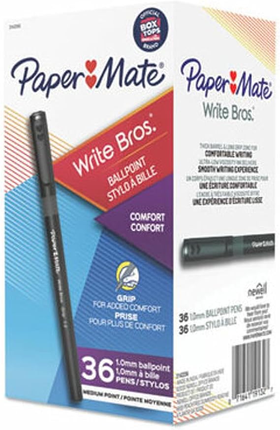 Paper Mate Write Bros. Grip Ballpoint Pen, Stick, Medium 1 Mm, Black Ink, Black Barrel, 36/pack