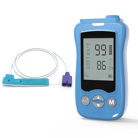 Pulse Oximeter with Wrap Probe, Continuous & Spot Check for Infant Kids Adult, Fast SpO2 Pulse Respiration Rate Monitor with Customizable Audio Visual Alarm, Blue