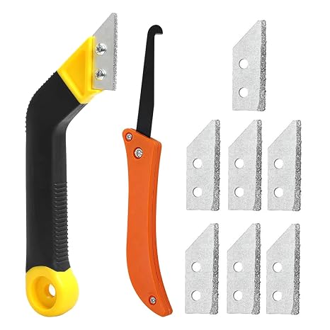 Grout Scraping Rake Tool, Clean Remover Tile Saw Knife with 6 Pieces Extra Replacement Accessories, Remover Tile Grout Hand Saw Angled Grout for Tile Cleaning(9 Pcs) (Yellow)