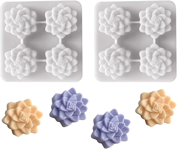 2 Pcs 4 Cavity Succulent Plants Flower Silicone Molds,4 Cavities Flower Silicone Soap Molds for Handmade Soap Bath Bombs Candle Cake Decorating Candy Pudding Mousse Birthday Party Moulds