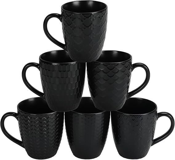 Schliersee 16 OZ Black Coffee Mugs Set of 6, Geometric Pattern Coffee Mug