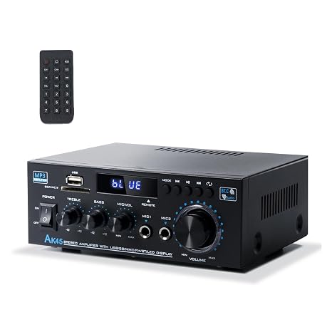 AK45 Bluetooth Amplifier 300Wx2 2 Channel Stereo Receiver for USB/SD/RCA/MIC/FM Passive Speaker with Home Amplifier