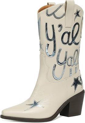 Womens Metallic Embroidery Western Knee High Boots Pointed Toe Chunky Heel Cowboy Boots Comfortable and Stylish Mid Calf Cowgirl Boots