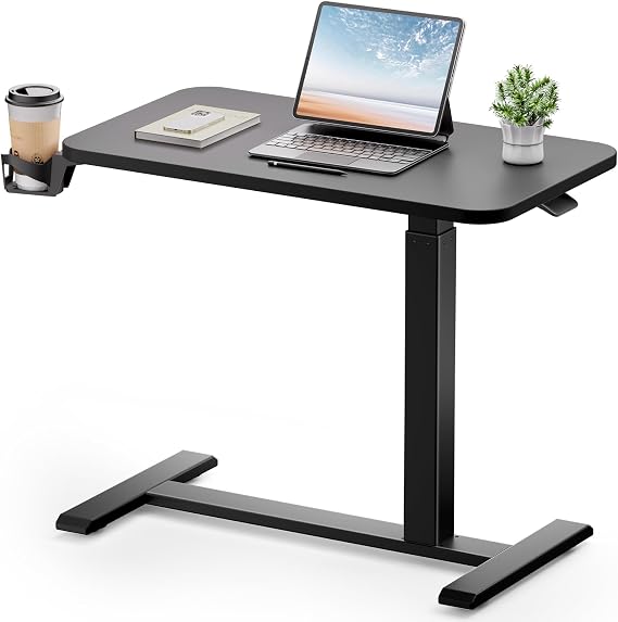 GTPLAYER Small Standing Desk with Hidden Wheels, Pneumatic Mobile Rolling Laptop Desk, Adjustable Height Overbed Bedside Table Computer Workstation for Home Office (32" W x 16" D, Black)