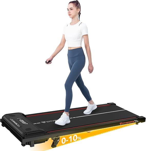 CITYSPORTS Walking Pad,10% Incline Under Desk Treadmill,3-Level,1-6 km/h | 3-Level Incline Adjustment, Walking Treadmill with Remote Control, LED Display, No Installation