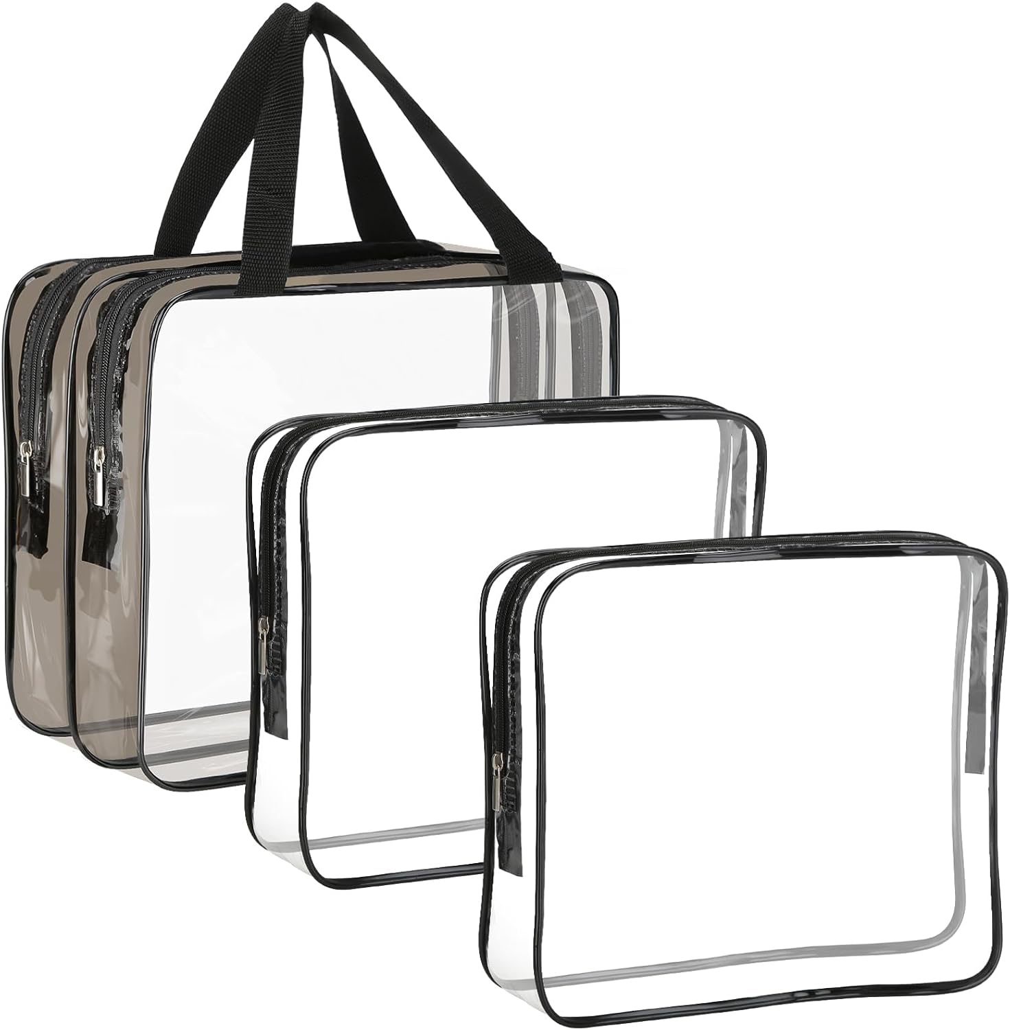 HAOGUAGUA 3 Pieces Clear Makeup Cosmetic Bags, TSA Approved Toiletry Bags Set for Travel, Waterproof Clear PVC Organizer with Zipper Handle, Portable Travel Luggage Pouch Black