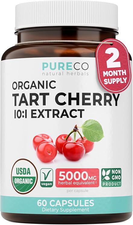 USDA Organic Tart Cherry Capsules - High Strength 500mg 10:1 Organic Tart Cherry Extract per 1 Capsule Serving for Antioxidant & Uric Acid Support - Vegan Non-GMO & Lab Verified (2 Months Supply)