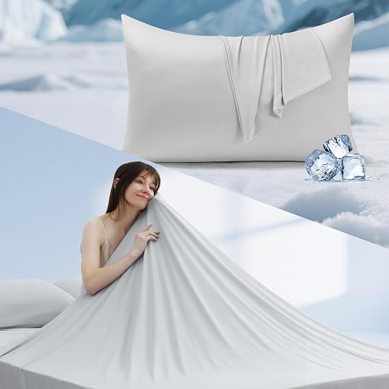 Elegear Cooling Pillow Cases Standard and Cooling Blankets Twin for Hot Sleeper, Gray Bundle
