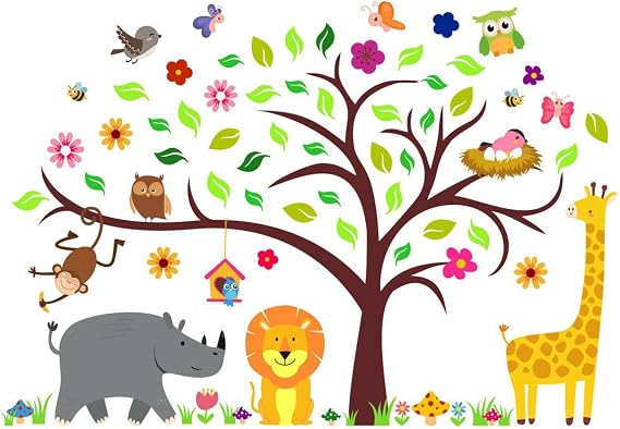DEKOSH Woodland Nursery Decor - Colorful Large Tree & Animal Wall Decals for Baby Nursery, Playroom, Classroom Decoration