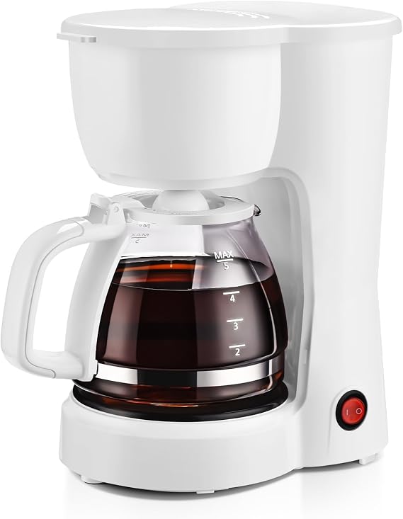 White 5-cup drip coffee maker. Compact coffee brewer for home kitchens and small spaces.