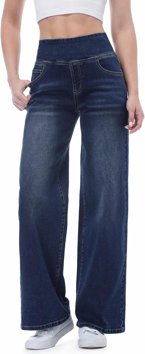 Pull on Wide Leg Jeans for Women, High Waisted Stretchy Baggy Trendy Tummy Control Straight Leg Jeans Denim Pants