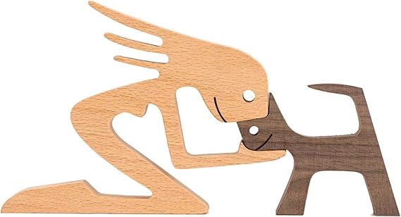 Wooden Dog Cat Family Statue, Puppy Wooden Carving Ornaments, Pet Lover Gift Wood Sculpture for Home Office Living RoomDesktop Men Women Boys and Girls Old People Creative Gifts (D)
