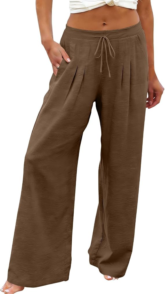 Womens Baggy Wide Leg Palazzo Pants Casual Loose Drawstring Elastic Waist Flowy Lounge Vacation Trousers with Pockets