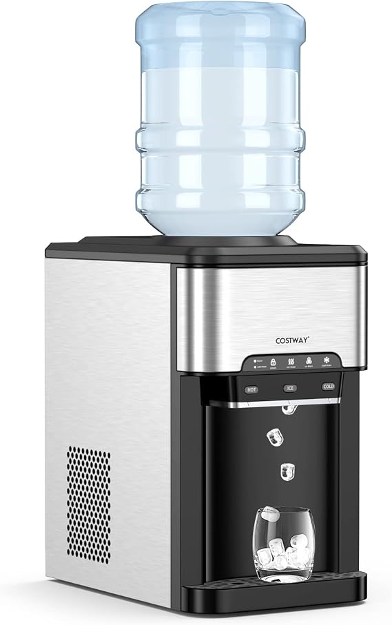 COSTWAY 3-in-1 Water Dispenser Ice Cube Machine with Hot/Cold Water Ice Cube in 10 Minutes Ice Maker 3 L Water Tank Ice Cube Maker 19 kg/Day for Home Office