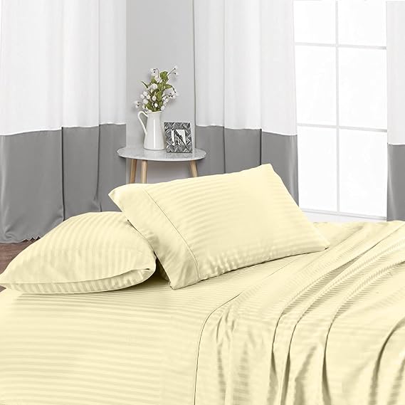Niimo California Queen Size Egyptian Cotton 800 Thread Count, Sateen Weave, Fit Mattress 15'' Inch Deep Pocket 4Pcs Sheet Set - Ivory Stripe