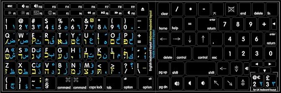 APPLE ARABIC - HEBREW - ENGLISH NON-TRANSPARENT KEYBOARD DECALS BLACK OR WHITE BACKGROUND FOR DESKTOP, LAPTOP AND NOTEBOOK (CG) (Black Background)