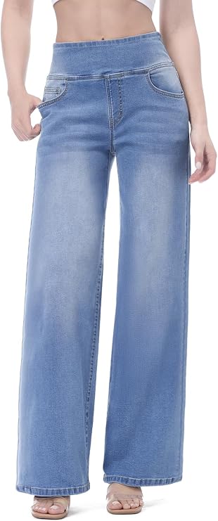 Pull on Wide Leg Jeans for Women, High Waisted Stretchy Baggy Trendy Tummy Control Straight Leg Jeans Denim Pants