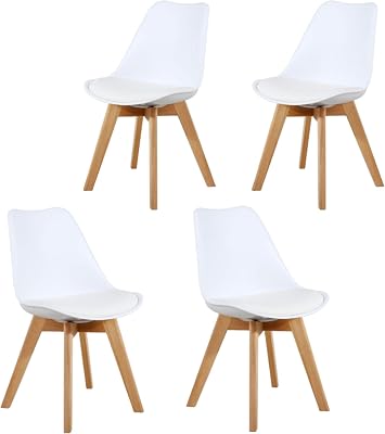 GOTMINSI Set of 4 Modern Style Chair Dining Chairs, Shell Lounge Plastic Chair with Natural Wood Legs White