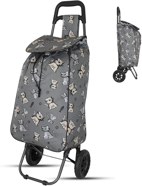 Lightweight 2 Wheel Shopping Trolley Cart 35L – Kitty Cat Foldable Grocery Cart with Strong Metal Frame, Water-Resistant Bag & Smooth Rolling Wheels – 94cm