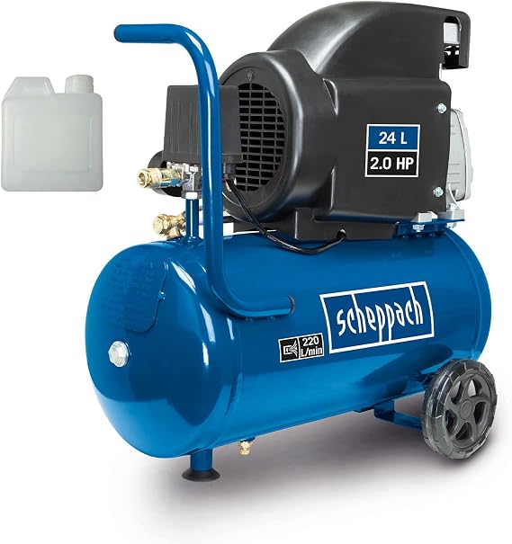 Scheppach HC26 Compressor Air Compressor | 220 l/min Suction Power | 24 Litre Boiler | 1500 W Power | 8 bar Working Pressure | Oil Lubricated and Long-Lasting | Includes Handle and Drive Device