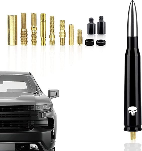 Pack-1 Car Bullet Antenna, for GM Chevy Silverado 1500 2500 3500 HD Avalanche GMC Sierra 1500 2500 3500 Denali Heavy Duty Pickup Trucks Accessories (Silver #Skull)